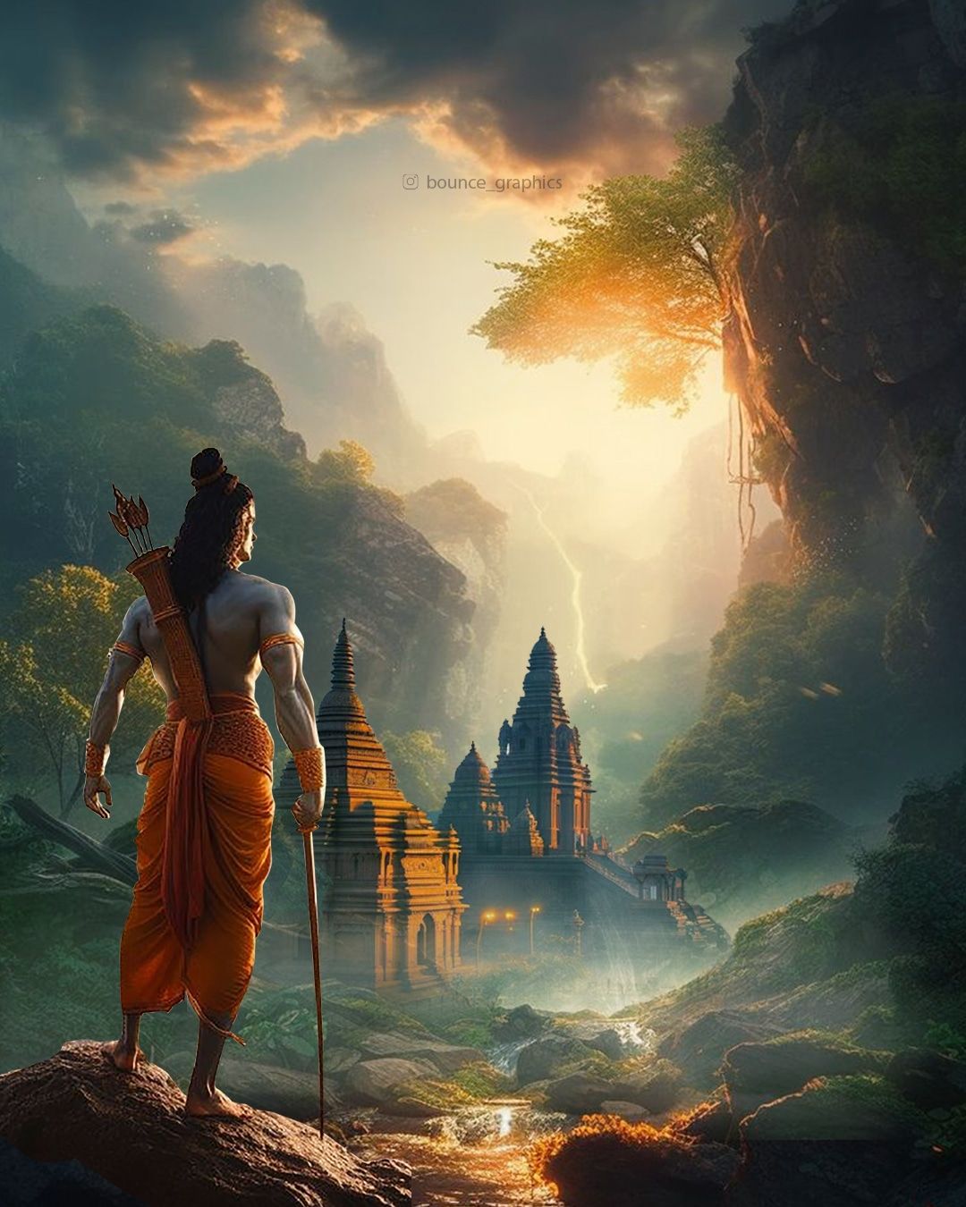 Lord Ram stands with bow and arrow