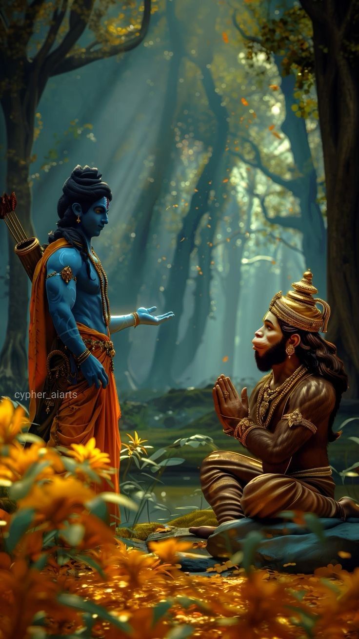 Ram and Hanuman in forest prayer