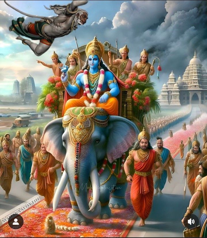 Lord Ram riding an elephant with Hanuman
