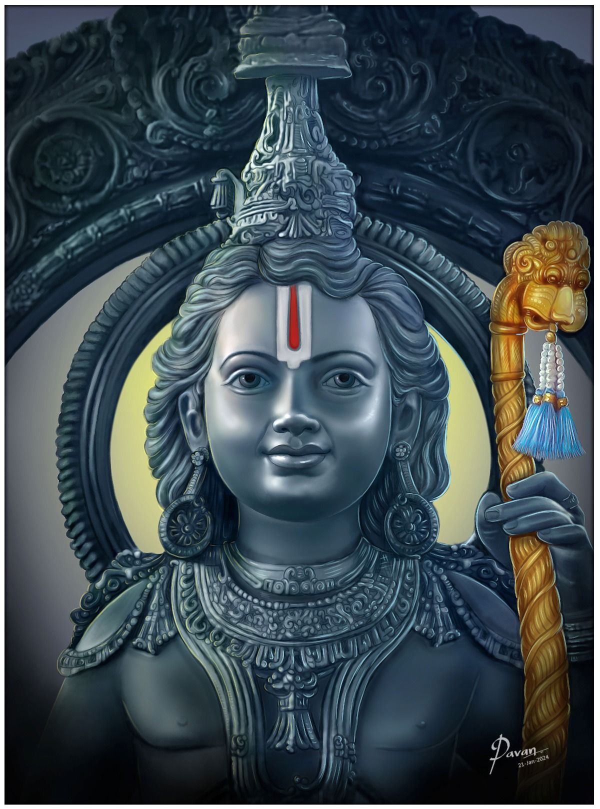 Lord Ram with gada, peaceful portrait.