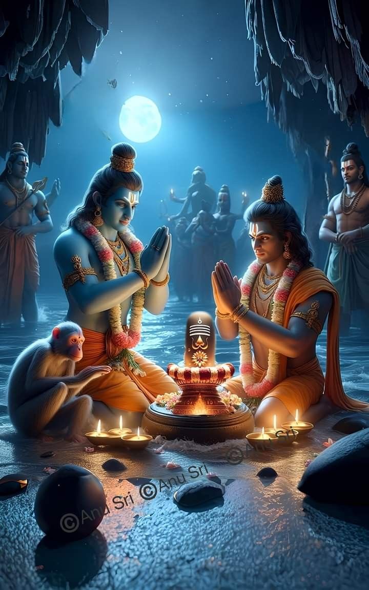 Ram, Lakshman, Hanuman offering prayers to Shiva