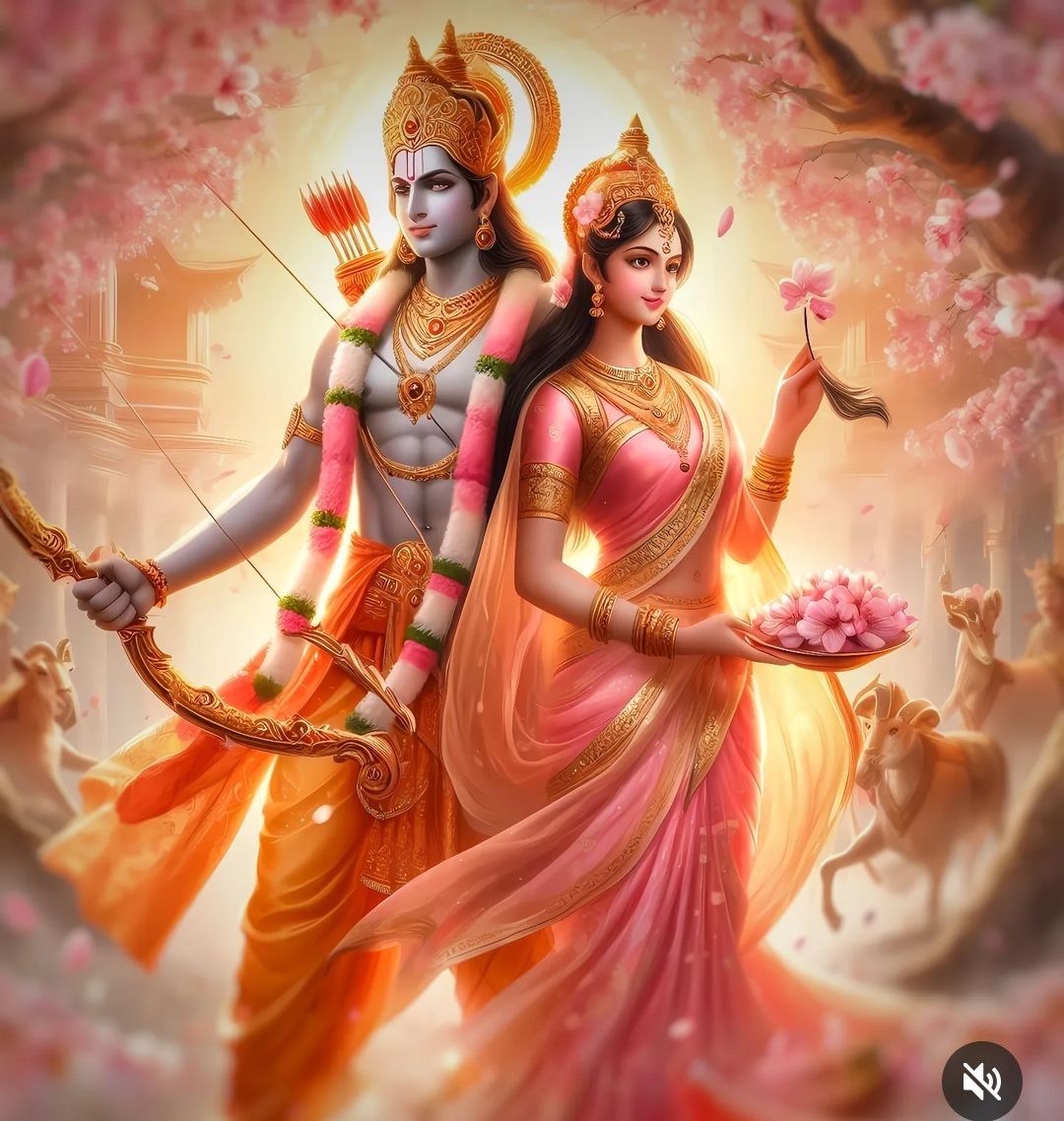 Lord Ram and Sita amidst pink blossoms