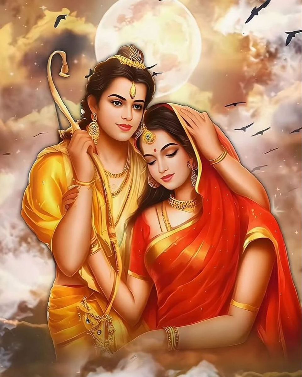 Lord Ram and Sita in a divine embrace