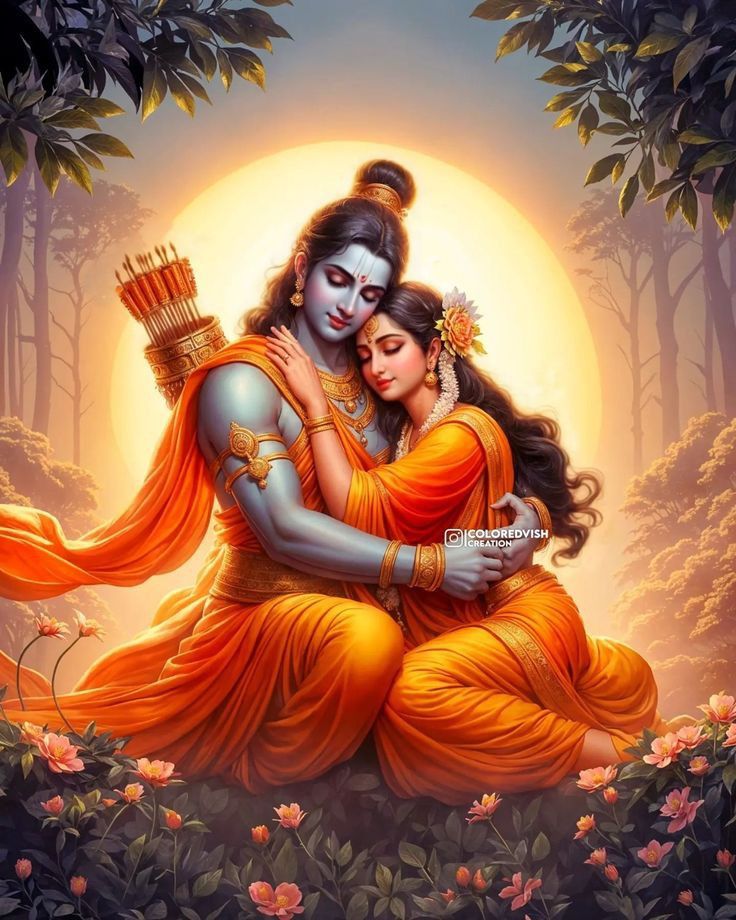 Lord Ram and Sita embracing lovingly