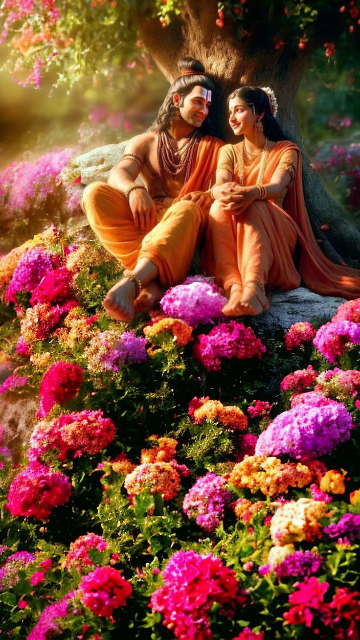 Lord Ram and Sita in a flower garden