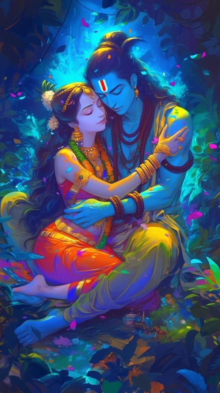 Ram and Sita embracing in forest