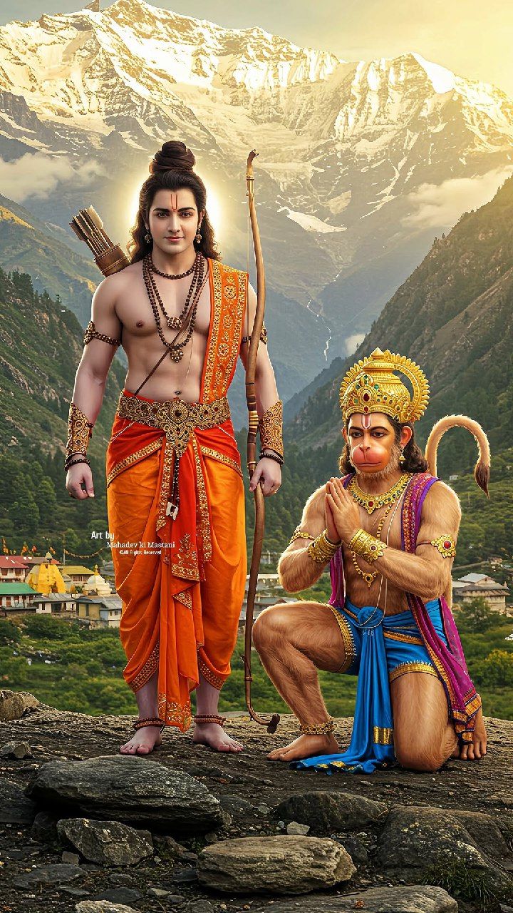 Ram and Hanuman in mountain landscape