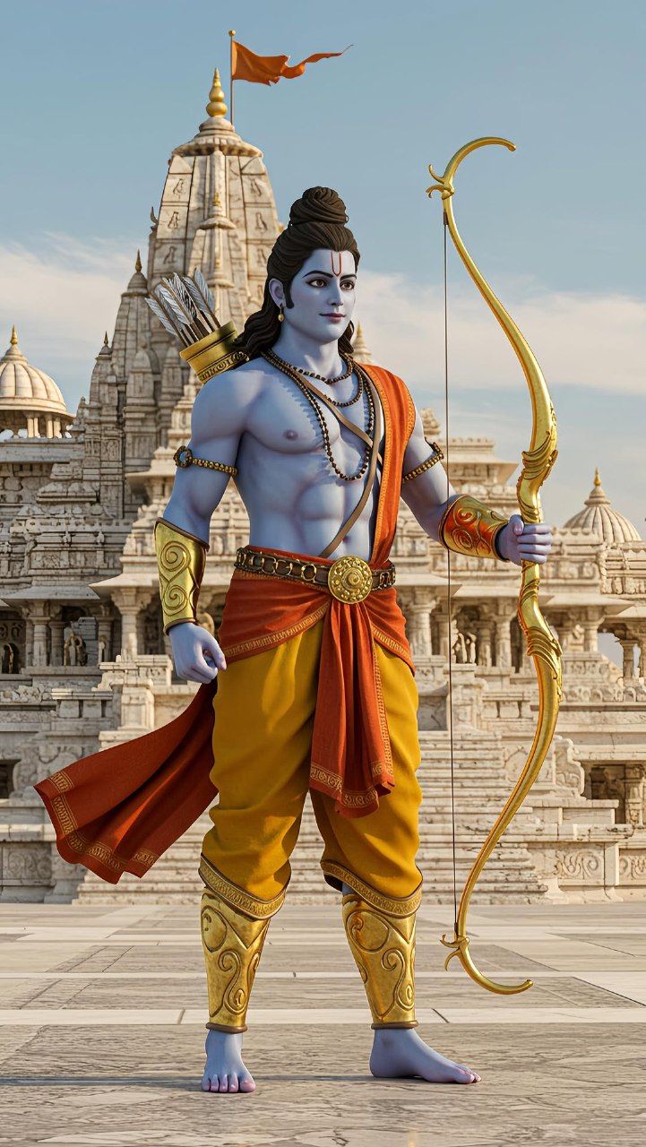 Lord Ram with bow and temple backdrop