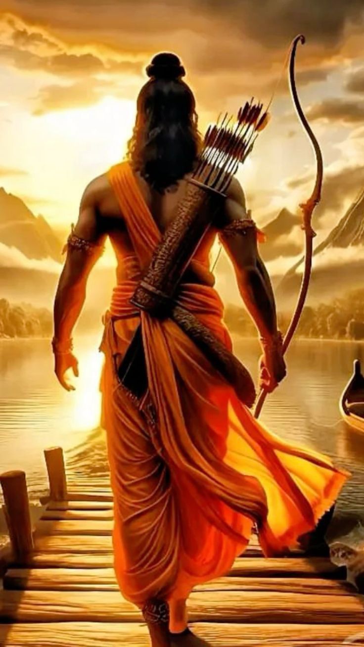 Ram stands with bow at sunrise