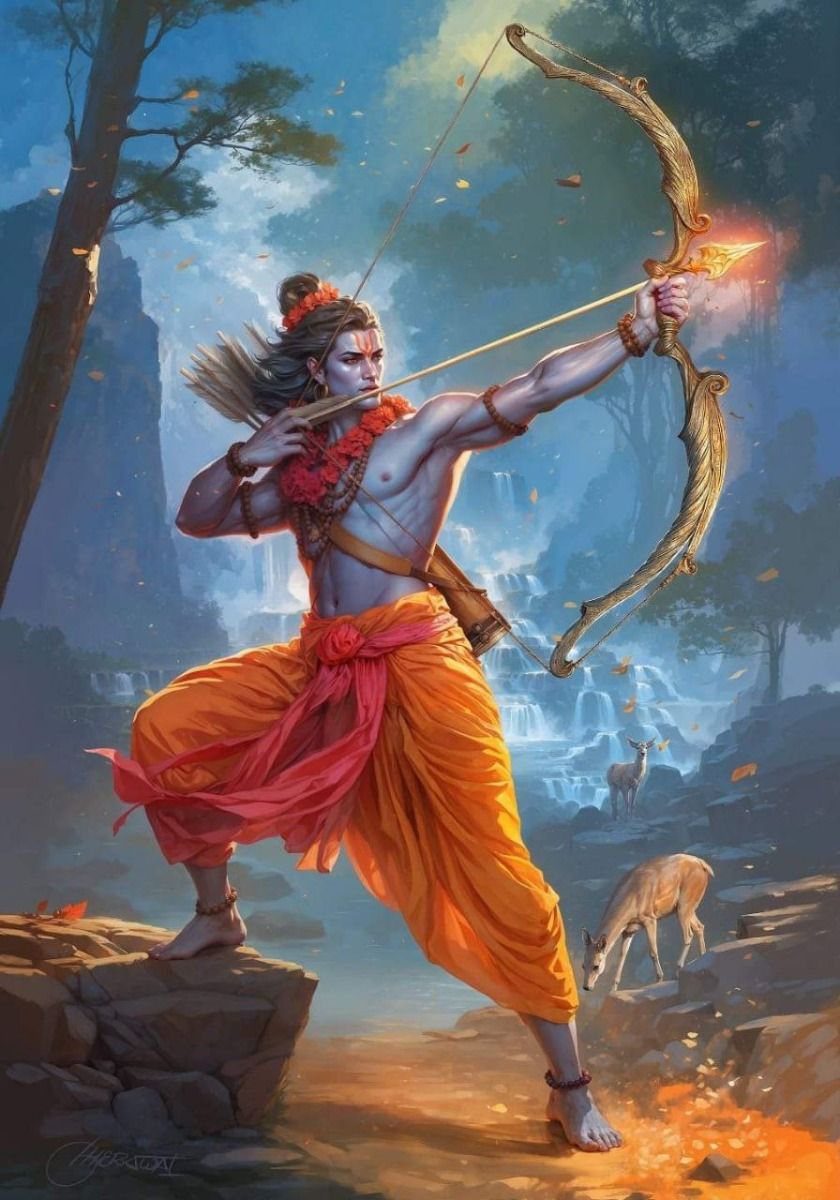 Lord Ram aiming bow, epic artwork.