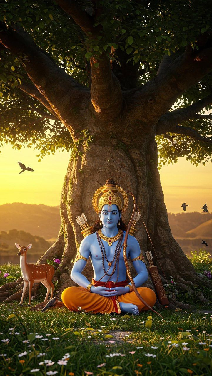 Lord Ram meditating in a forest.