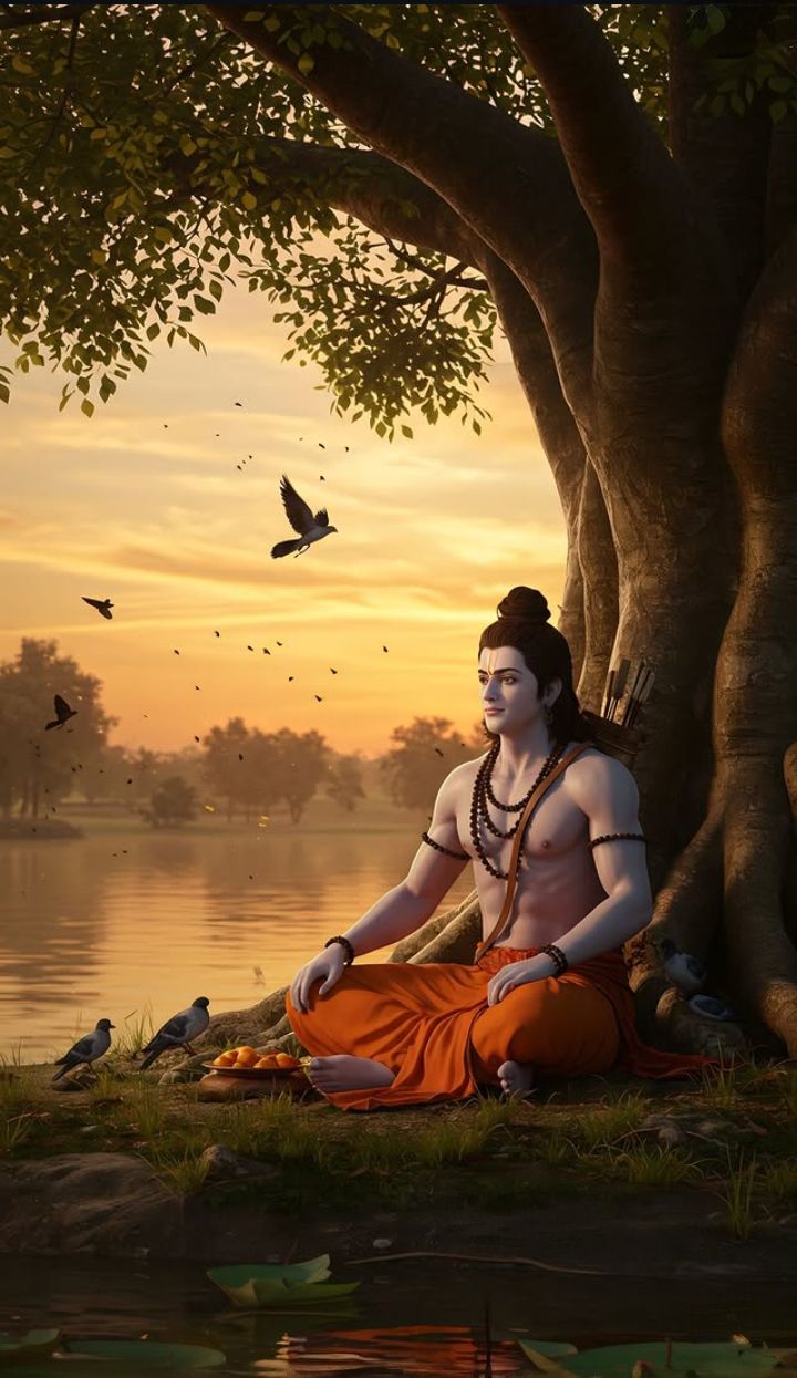 Lord Ram meditating by a peaceful lake