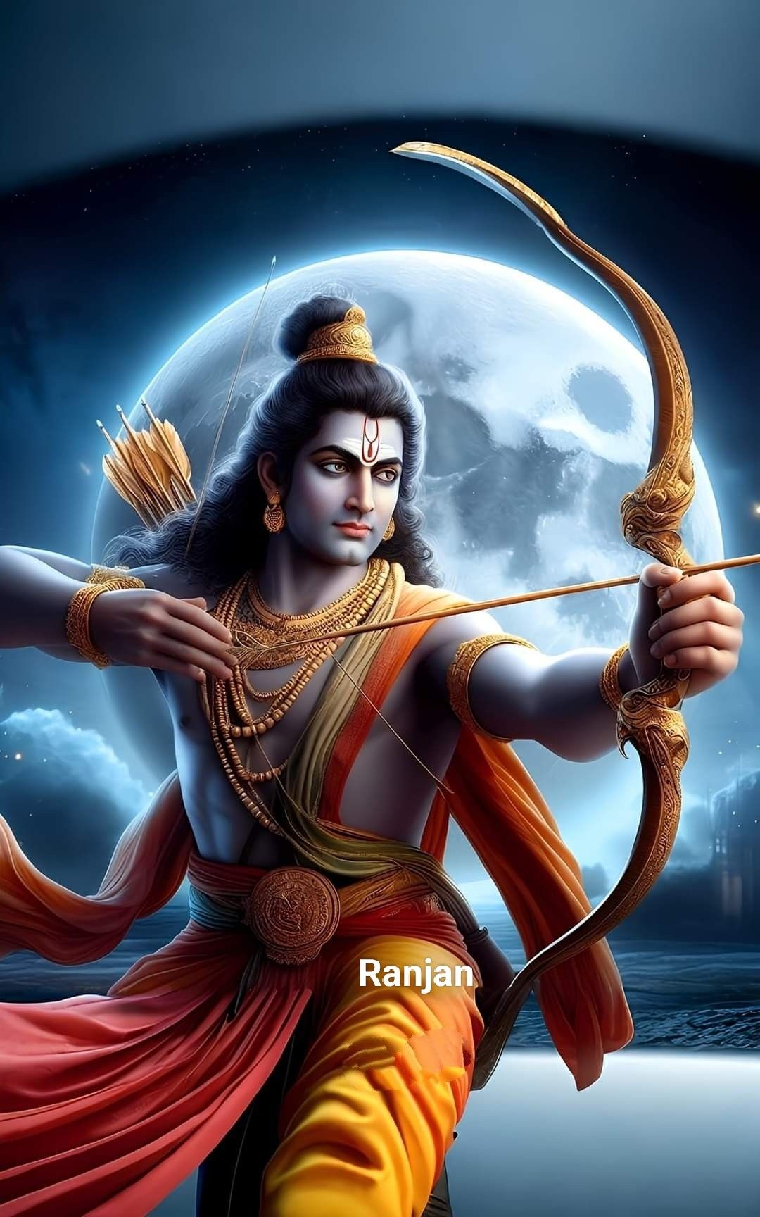 Lord Ram drawing bow, divine warrior.