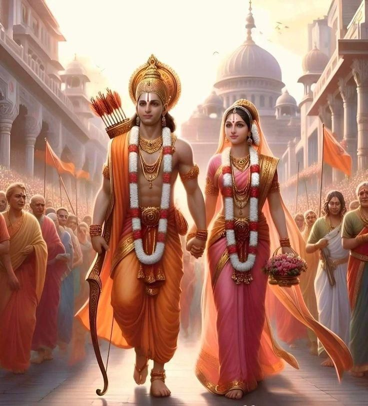Lord Ram and Sita walking with devotees.