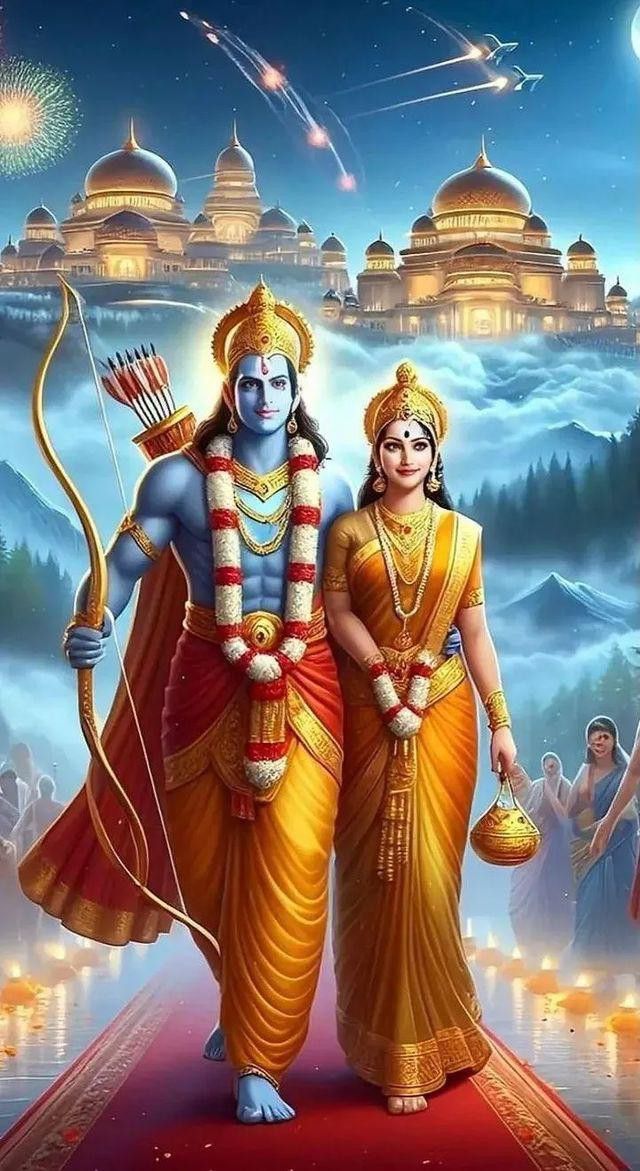 Lord Ram and Sita with bow and arrow