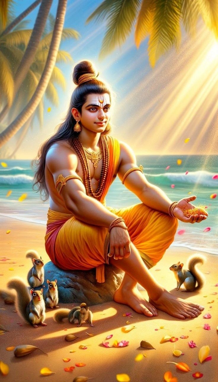 Lord Ram with divine squirrels on beach