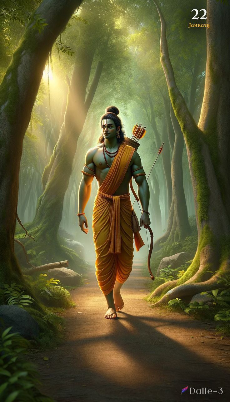Lord Ram walking through a lush forest