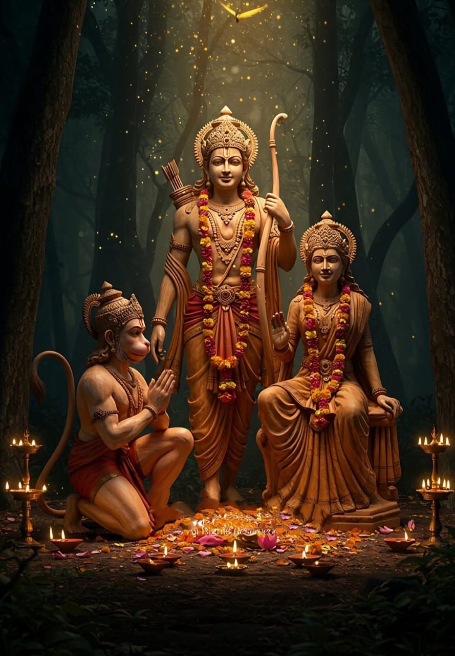 Ram, Hanuman, Sita, Lakshman in forest