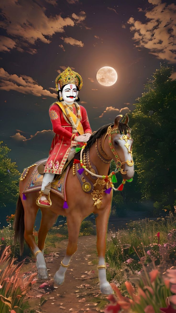 Ramdevpir riding a horse under moonlit sky