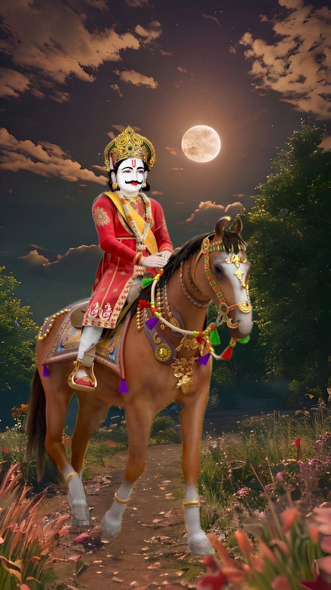 Ramdevpir riding a horse under moon