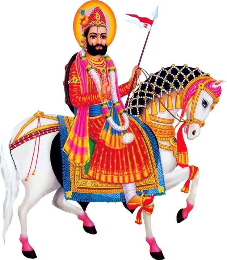 Ramdevpir riding a white horse.