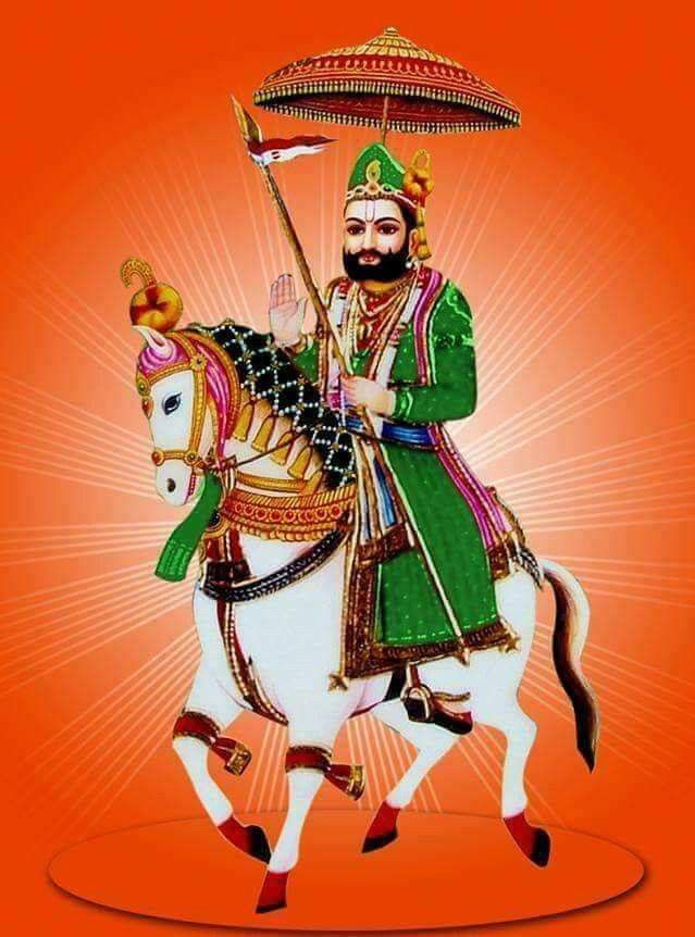 Ramdevpir rides a white horse