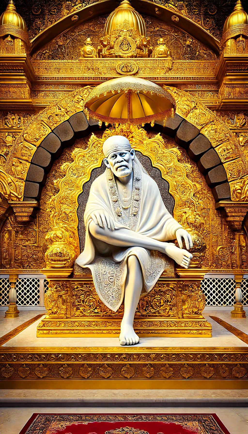 Sai Baba seated on a golden throne