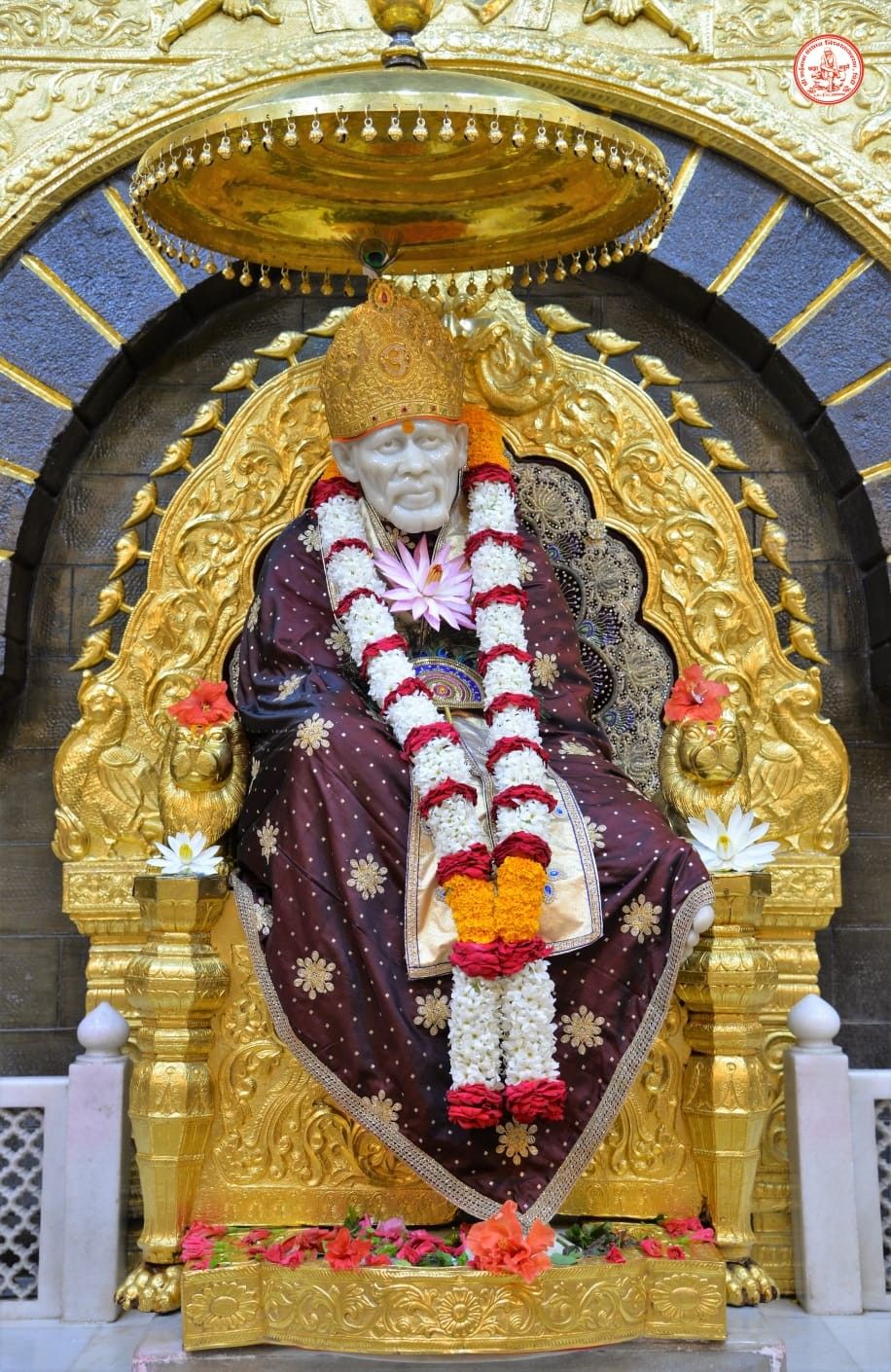 Sai Baba on golden throne in Shirdi.