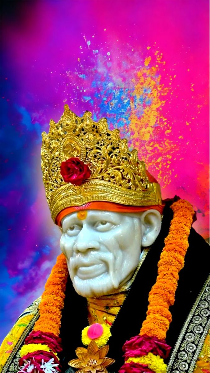 Sai Baba with golden crown, colorful backdrop