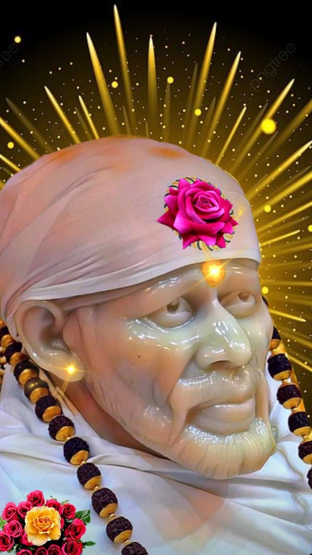 Sai Baba with a rose and beads