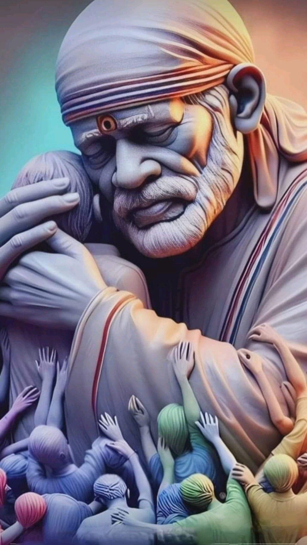 Sai Baba surrounded by devotees\' hands.