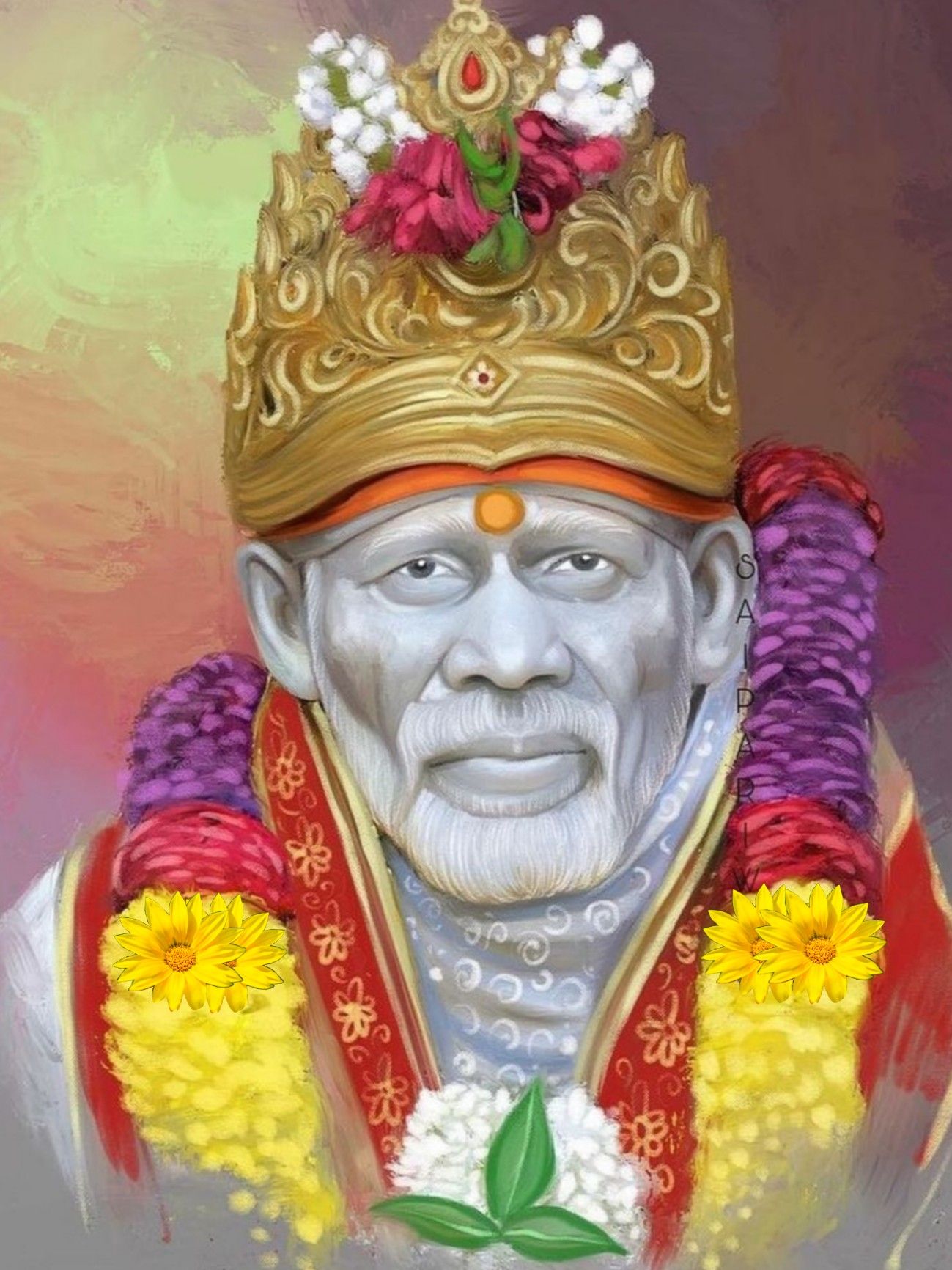 Sai Baba with floral decorations