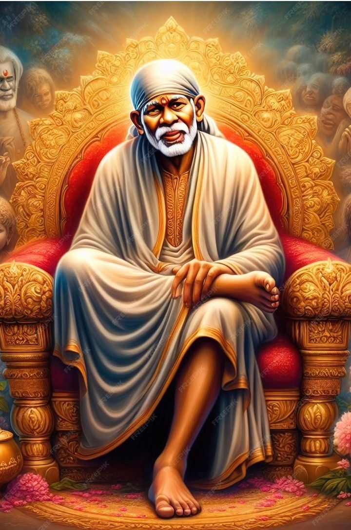 Sai Baba seated on golden throne