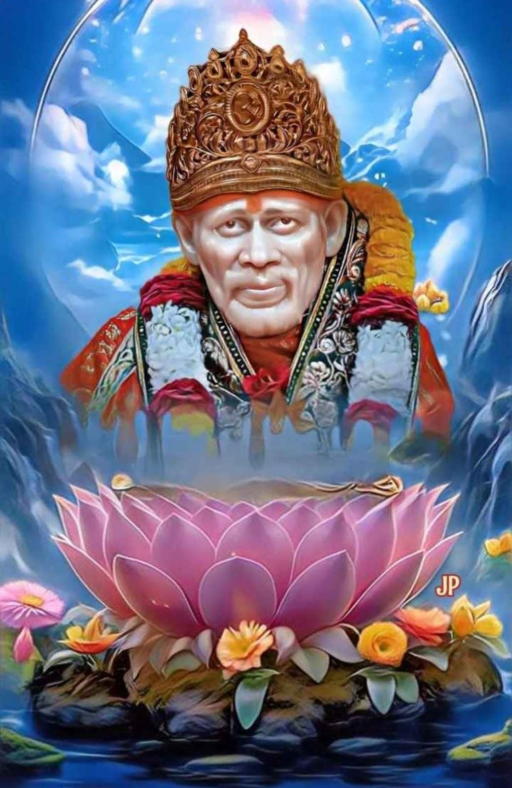 Sai Baba resting on a lotus flower