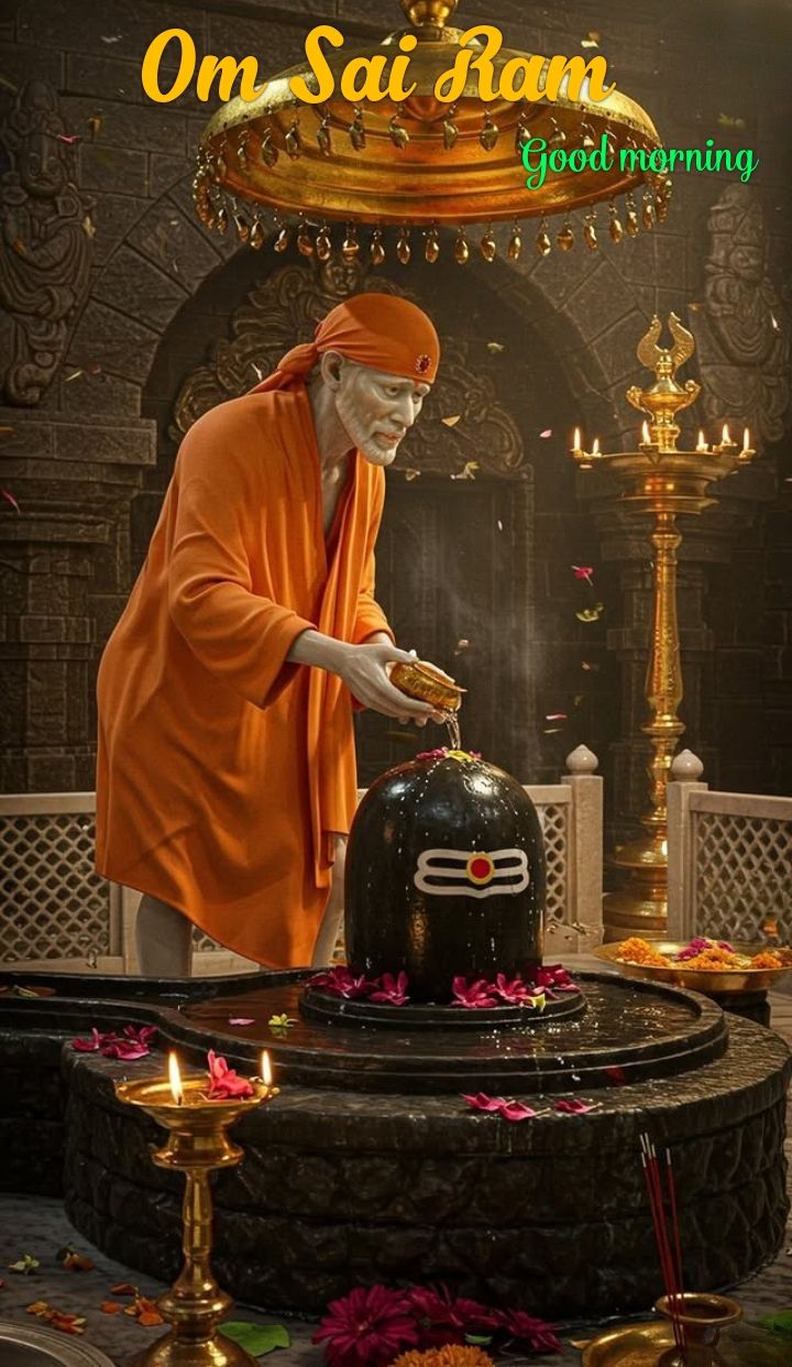 Sai Baba offering water to Shiva Lingam