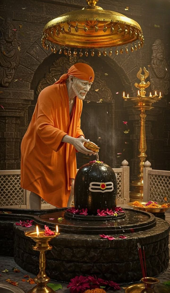 Sai Baba performing puja before Shiva Lingam