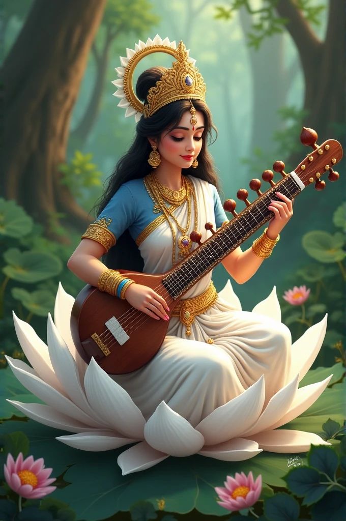 Saraswati Maa playing the Veena on Lotus