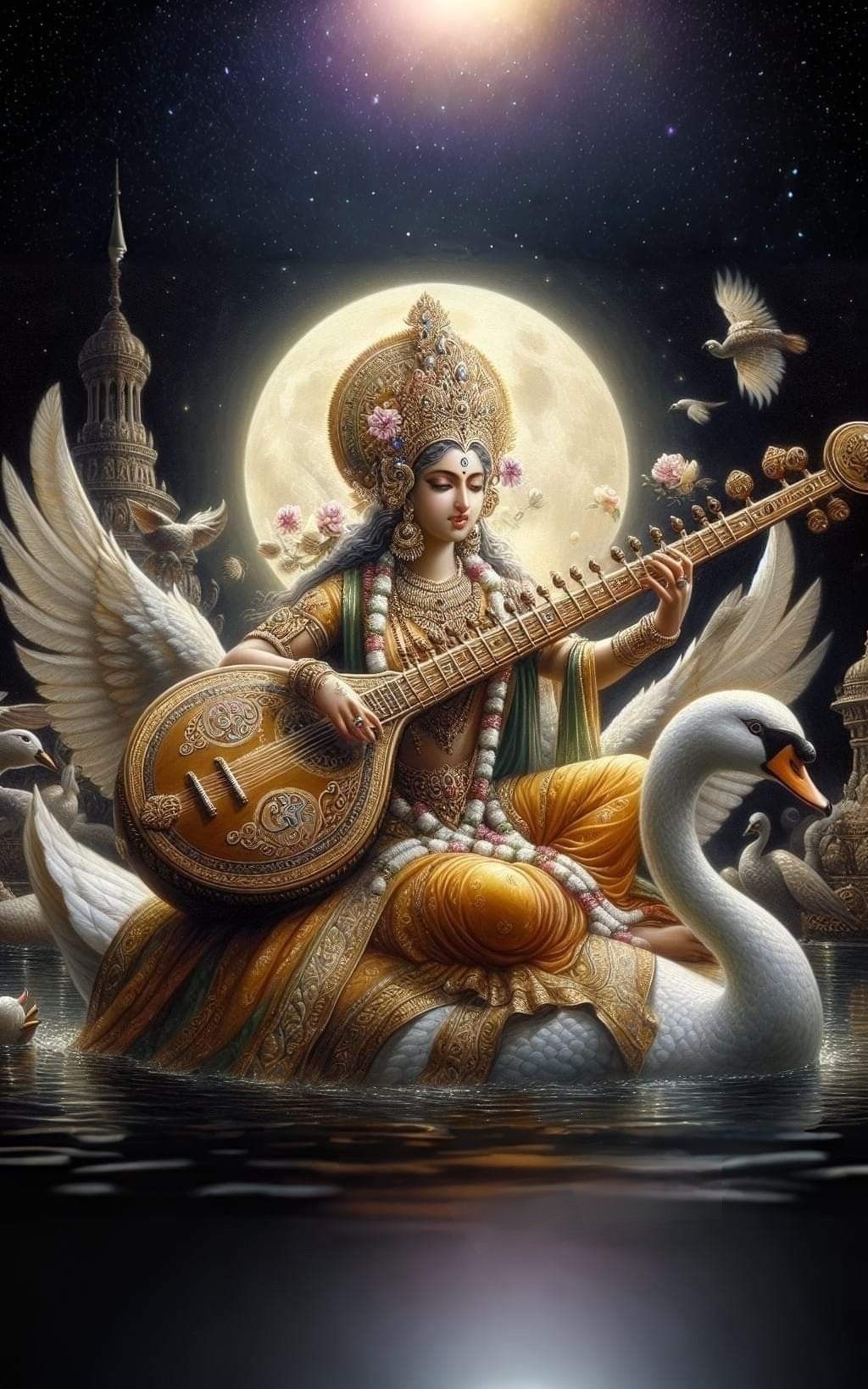 Saraswati Maa playing the veena, moonlit