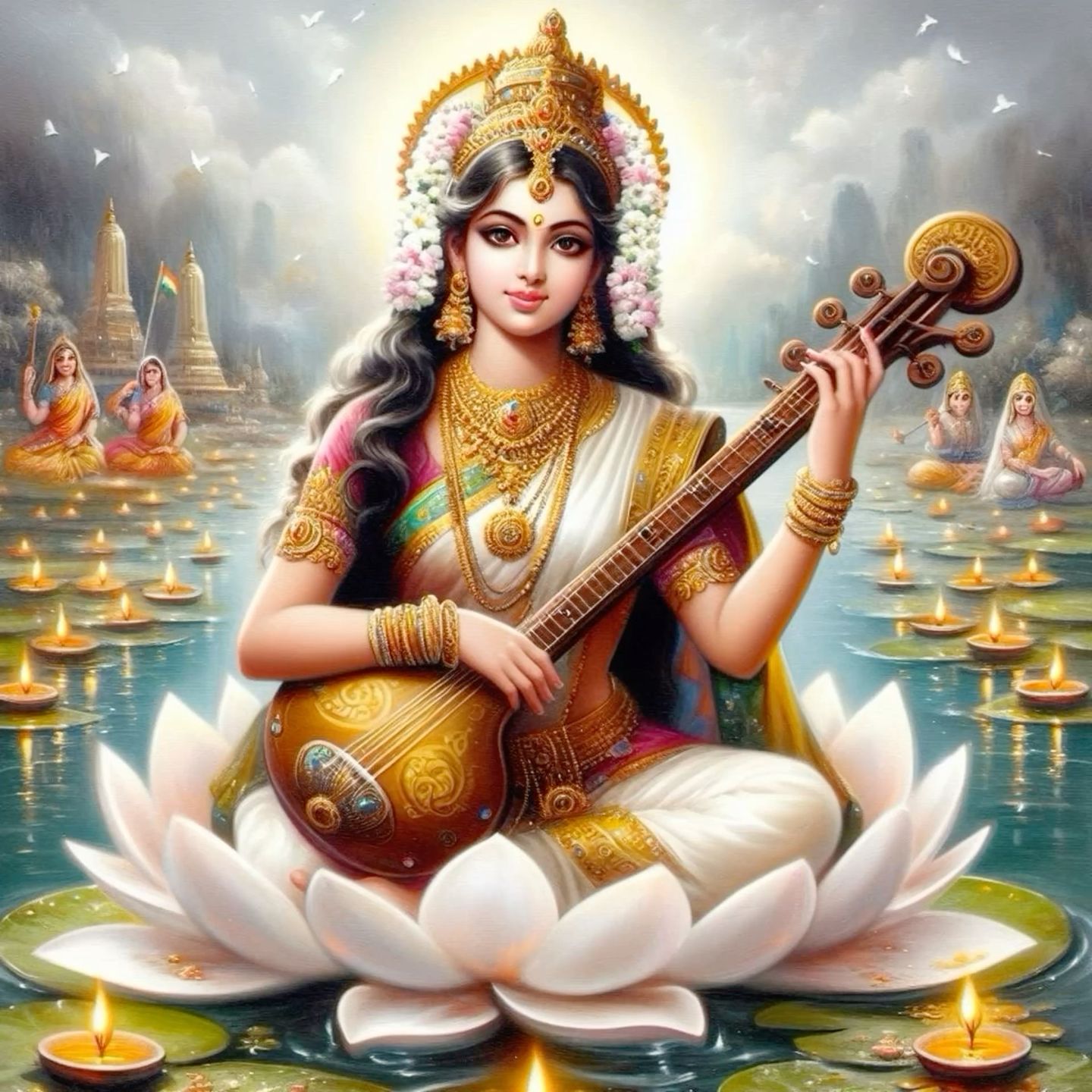 Saraswati Maa playing the veena on lotus