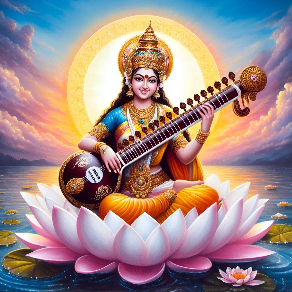 Saraswati Maa playing the veena on lotus