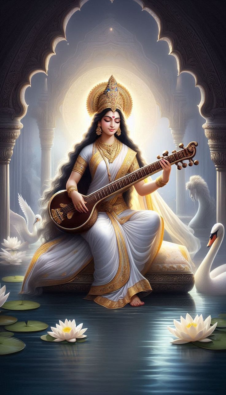 Saraswati Maa playing the Veena with swans