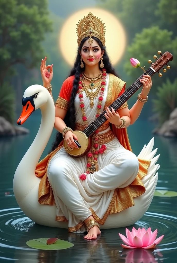 Saraswati Maa with veena and swan.