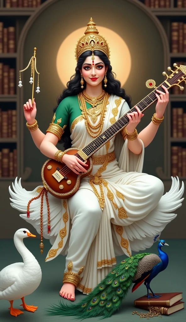 Goddess Saraswati plays the Veena beautifully.