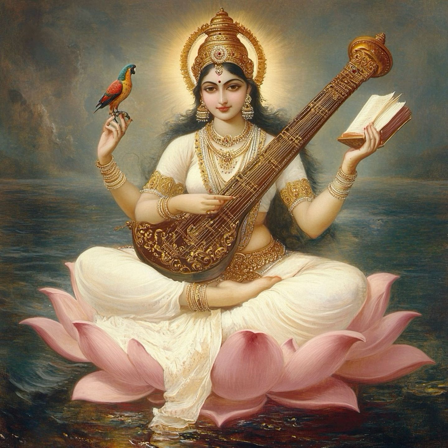 Saraswati Maa playing the veena on lotus