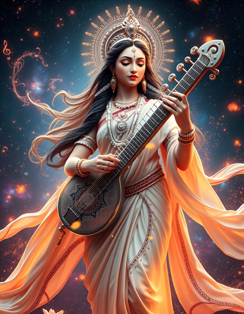 Saraswati Maa playing a celestial veena.