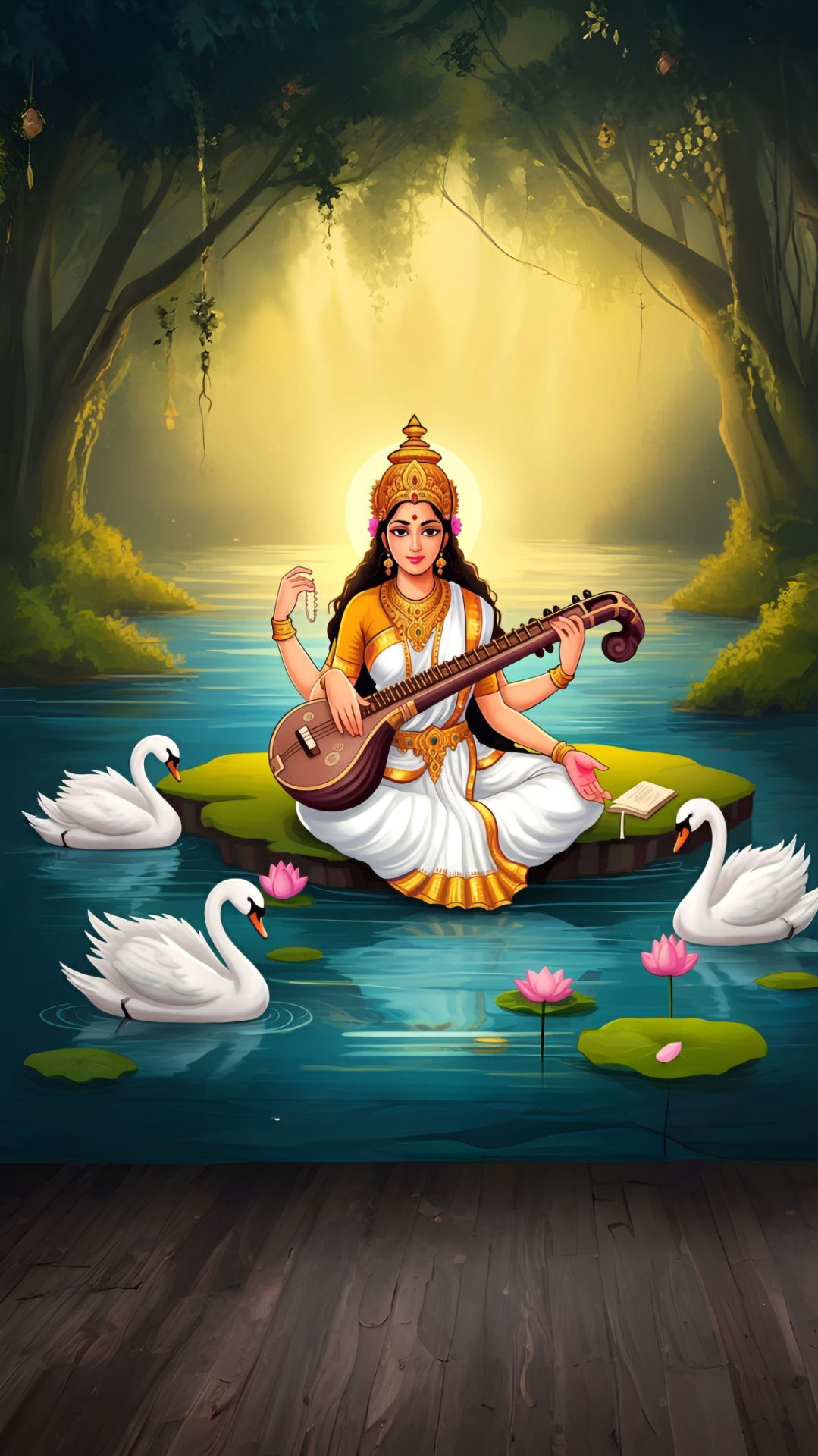 Saraswati Maa playing veena on a lake