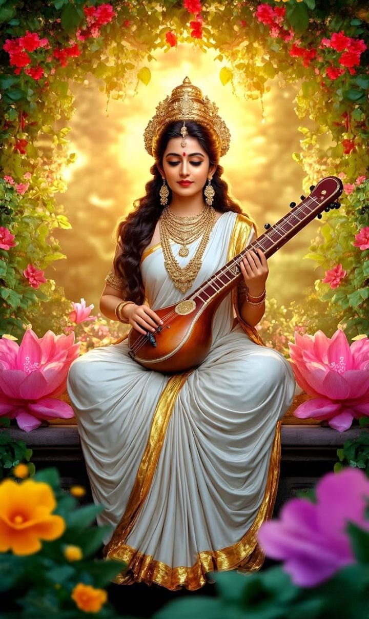 Saraswati Maa plays the veena with grace.