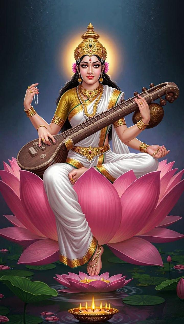 Saraswati Maa playing the veena on lotus