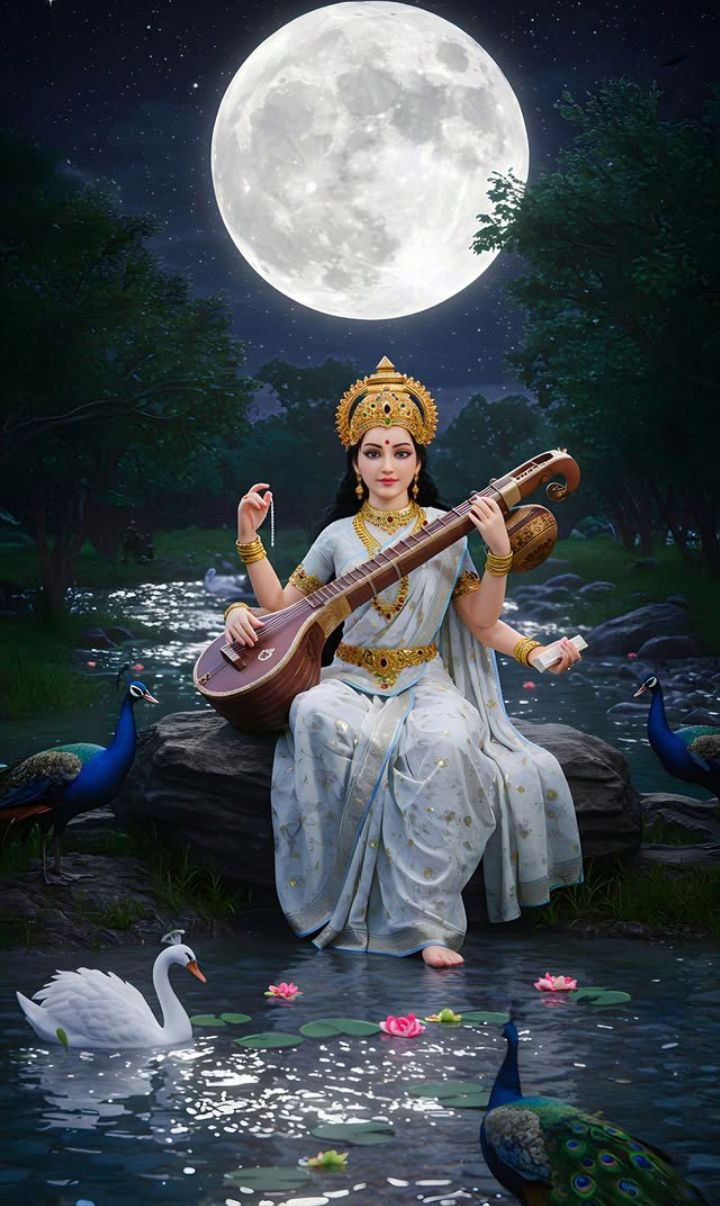 Saraswati Maa playing veena under moonlight