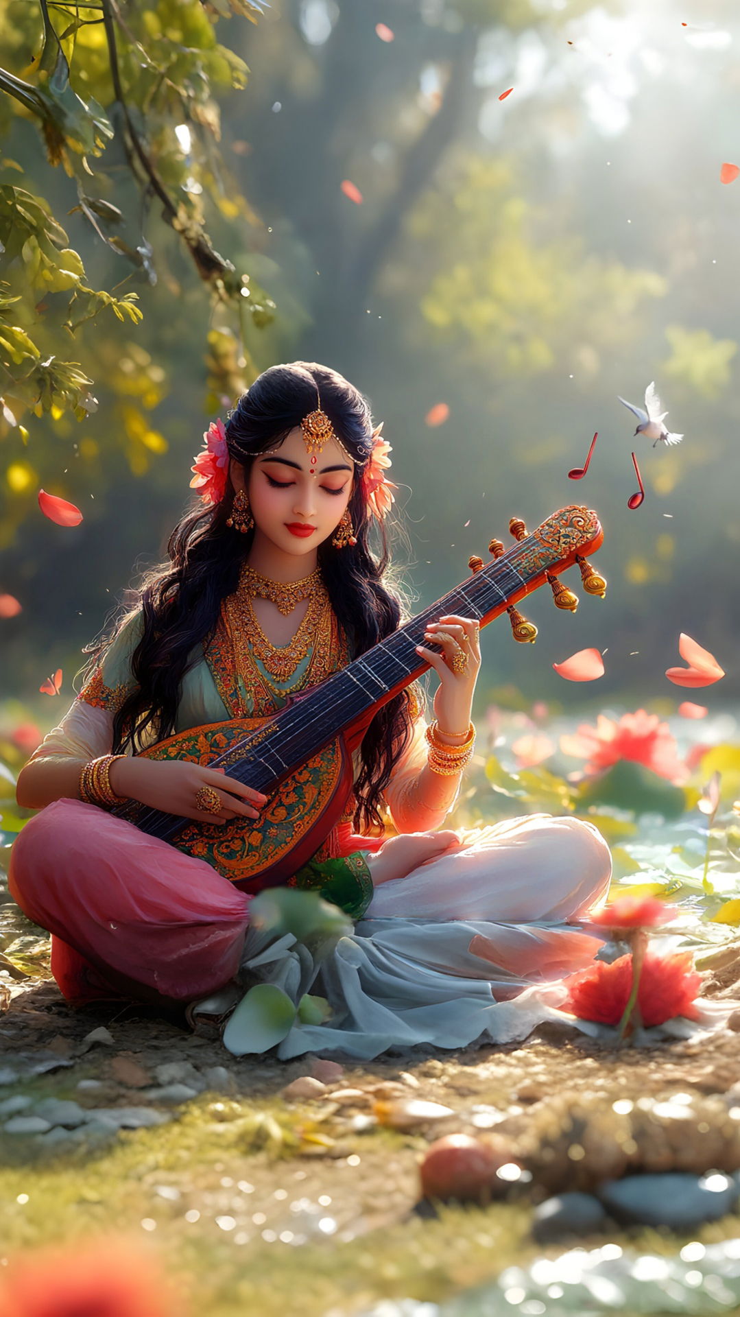 Saraswati Maa plays the veena peacefully.